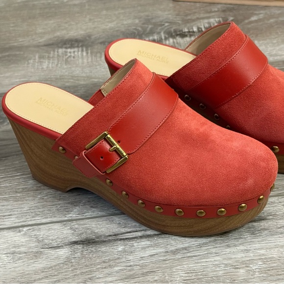 Michael Kors Shoes - MICHAEL KORS Rye Studded Suede Platform Clogs in Tomato Red